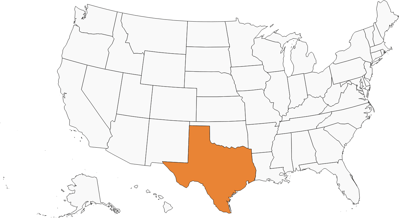 TX black and white map of United States with Texas filled in orange