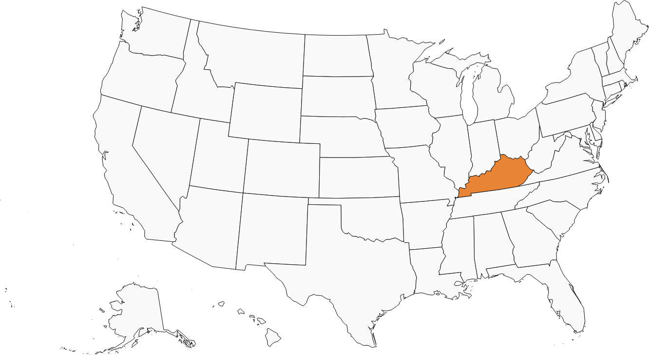 black and white map of the United States with Kentucky filled in orange