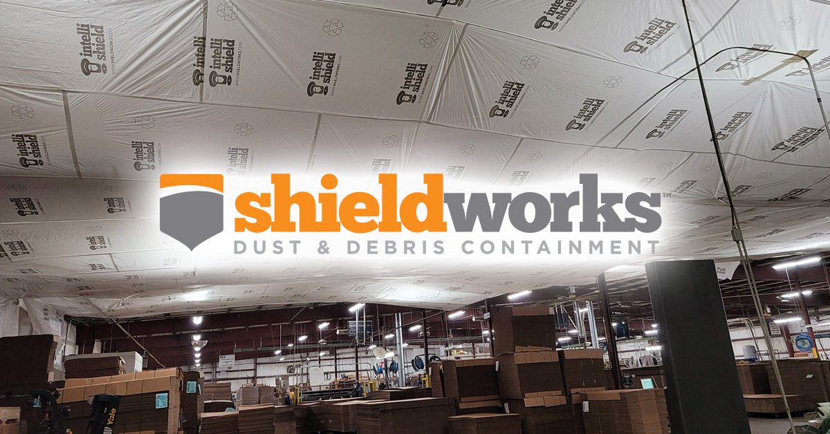 warehouse full of boxes with intelli shield containment on the ceiling